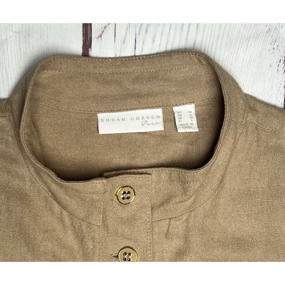 Susan Graver Linen Rayon Button Up Jacket Beige Modern Top w Pockets L - Picture 7 of 9